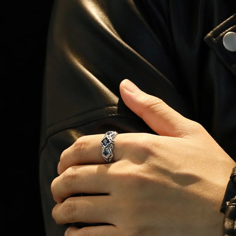 925 Sterling Silver Vintage Square Blue Ring