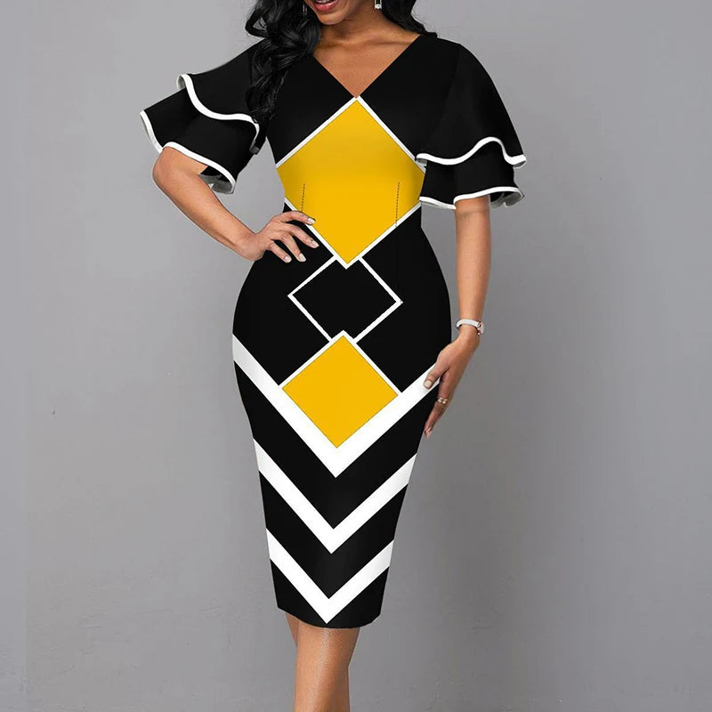 Elegant Women Dress Summer Fashion V Neck Short Sleeve