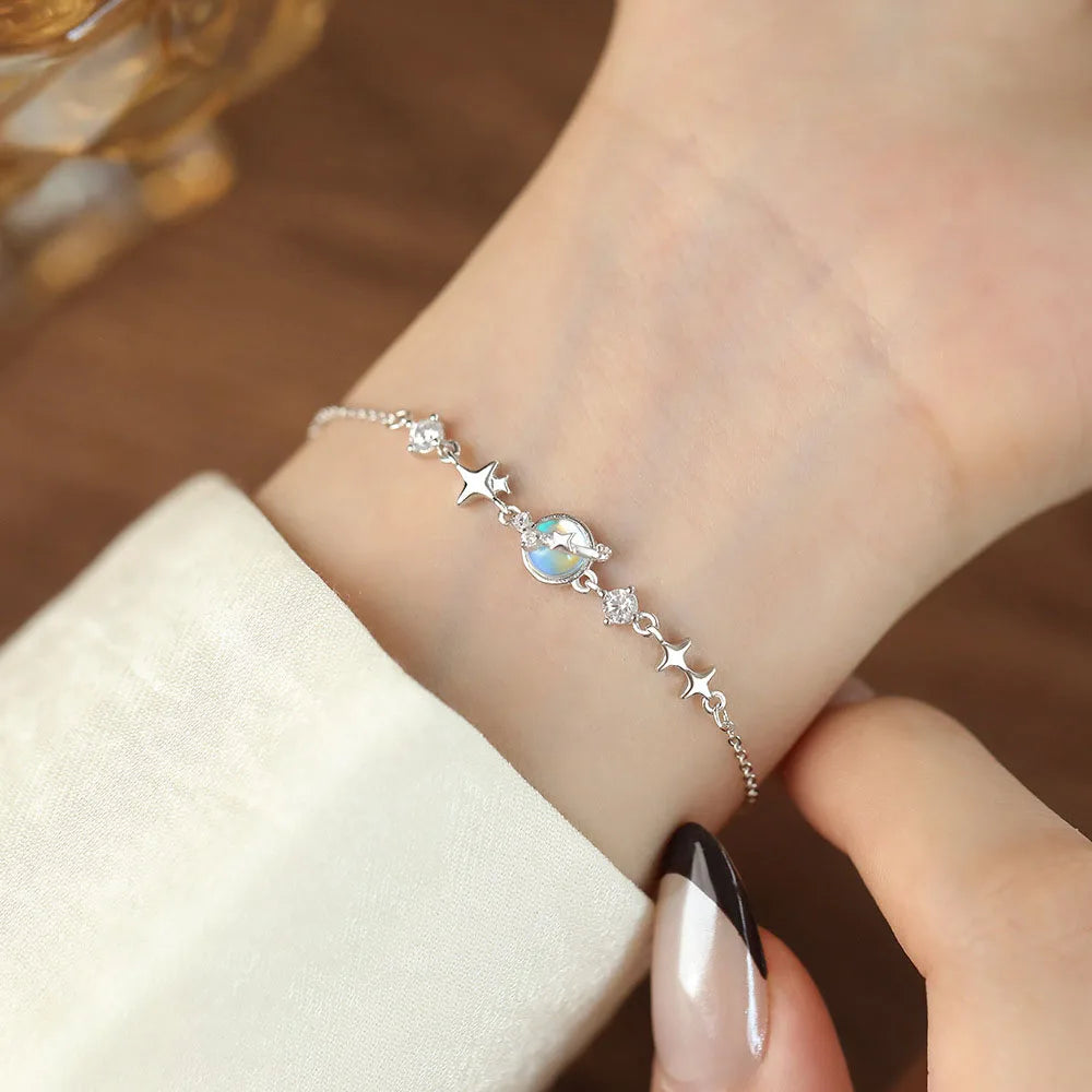Sterling Silver Creative Colourful Moonlight Glass Planet Bracelets