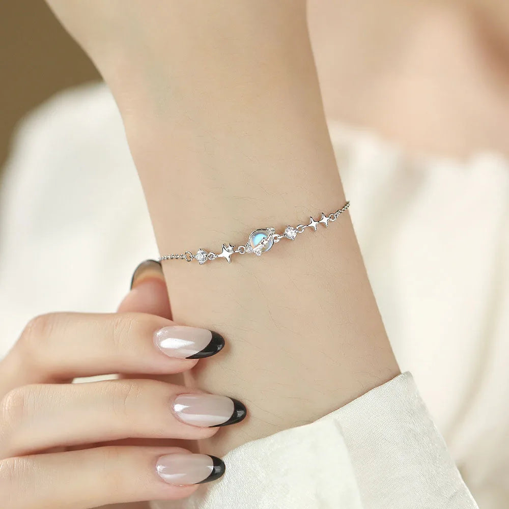 Sterling Silver Creative Colourful Moonlight Glass Planet Bracelets