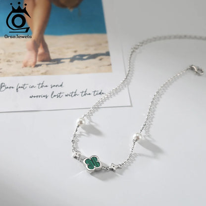 S925 Lucky Clover Anklet with Malachite Shell