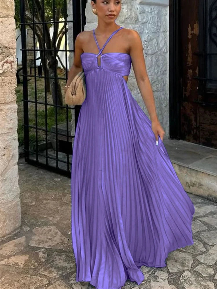 Women's Blue Pleated Halter Long Dress