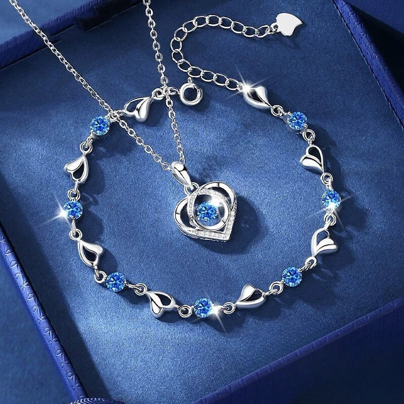 925 Sterling Silver Heart Shaped Necklace Bracelet Set