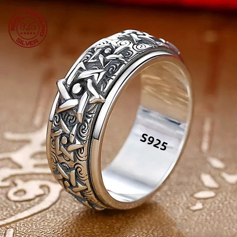 Rotatable S925 Sterling Silver Vintage Retro Stars Auspicious Cloud Couple Ring
