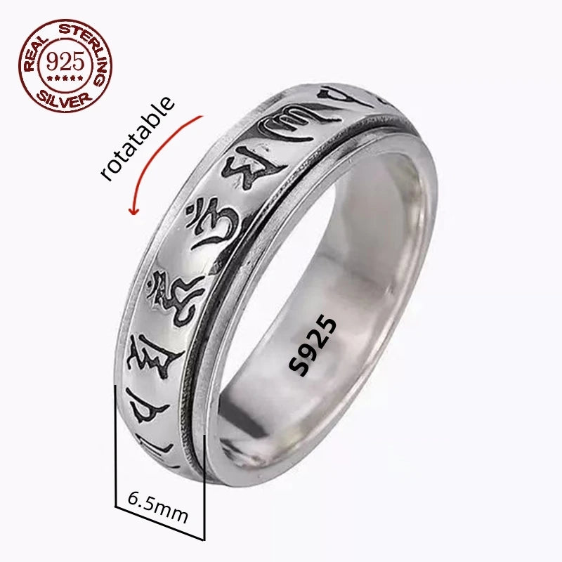 Rotatable S925 Sterling Silver Vintage Retro Stars Auspicious Cloud Couple Ring