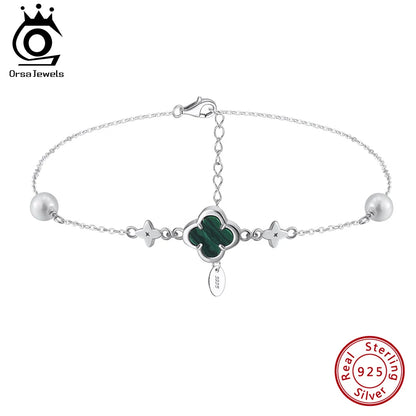 S925 Lucky Clover Anklet with Malachite Shell