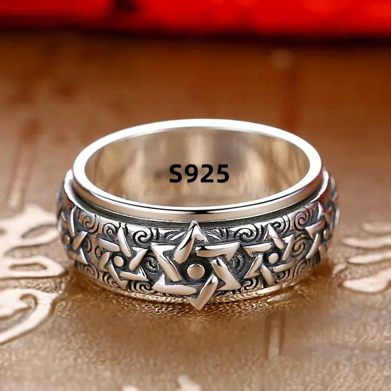 Rotatable S925 Sterling Silver Vintage Retro Stars Auspicious Cloud Couple Ring