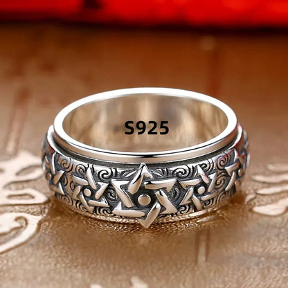 Rotatable S925 Sterling Silver Vintage Retro Stars Auspicious Cloud Couple Ring