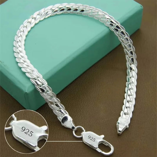 925 Sterling Silver Bracelet 5mm 18/19/20cm Flat Side Chain Lobster Clasp Fashion Jewellery