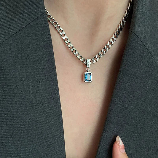 925 Silver Square Zircon Pendants Necklace