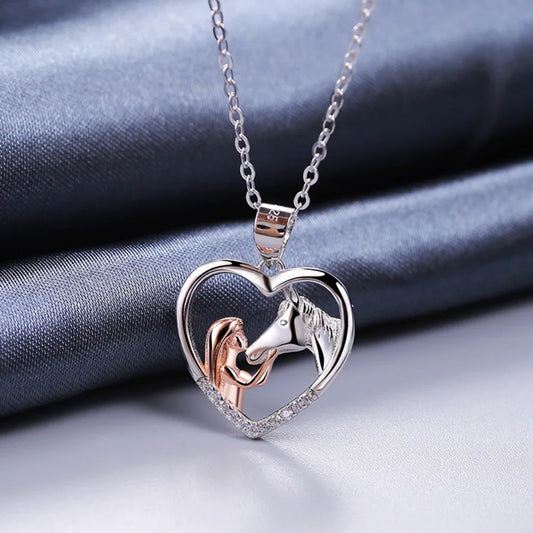 925 Sterling Silver Heart-shaped Girl And Horse Necklace