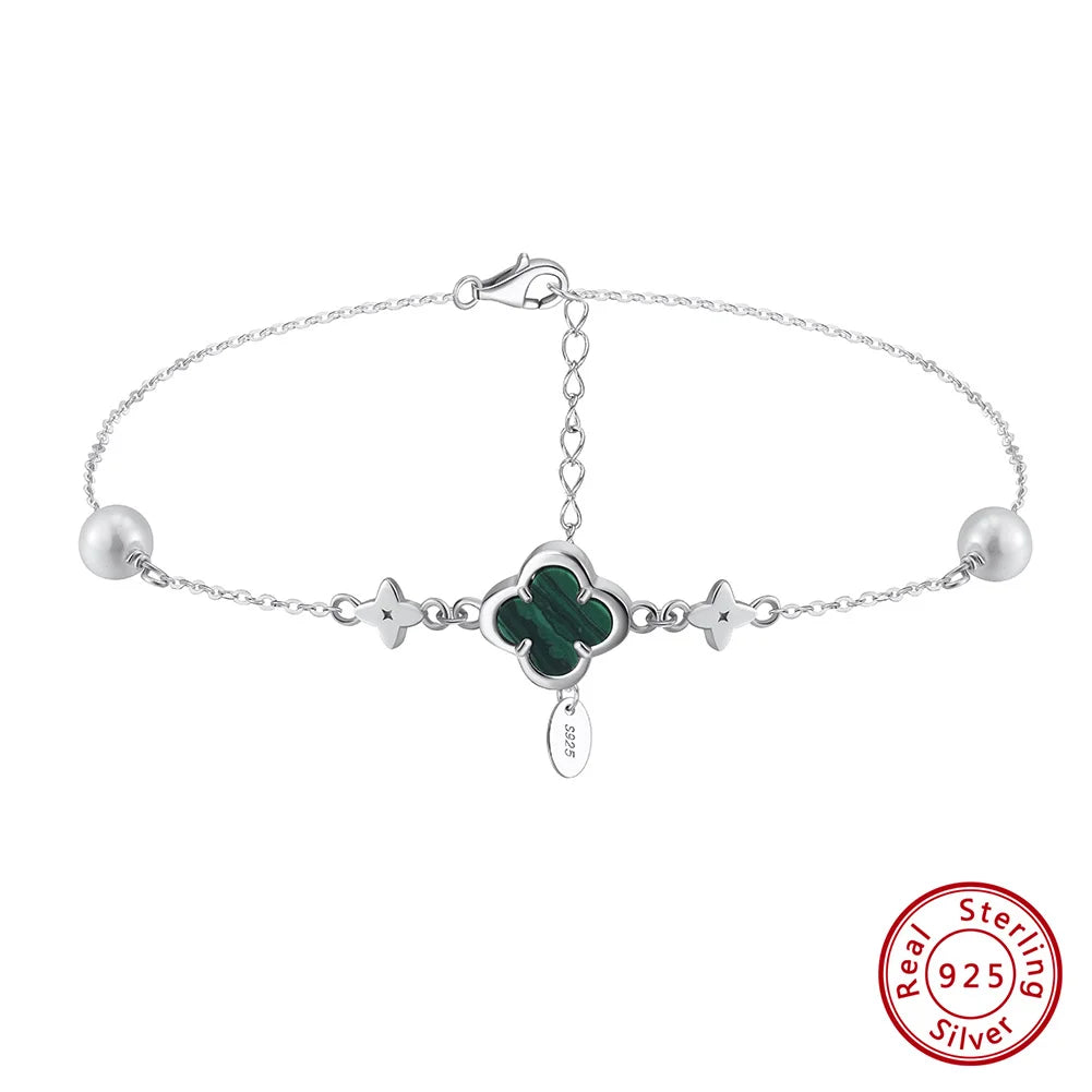 S925 Lucky Clover Anklet with Malachite Shell