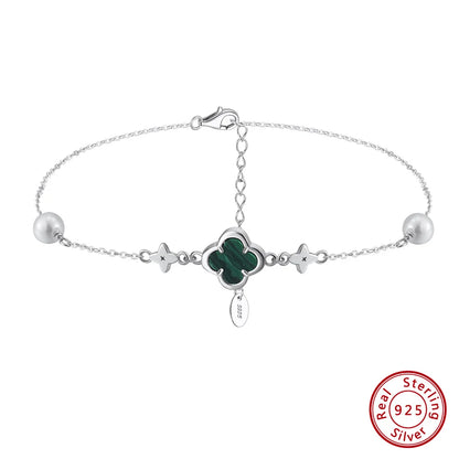 S925 Lucky Clover Anklet with Malachite Shell