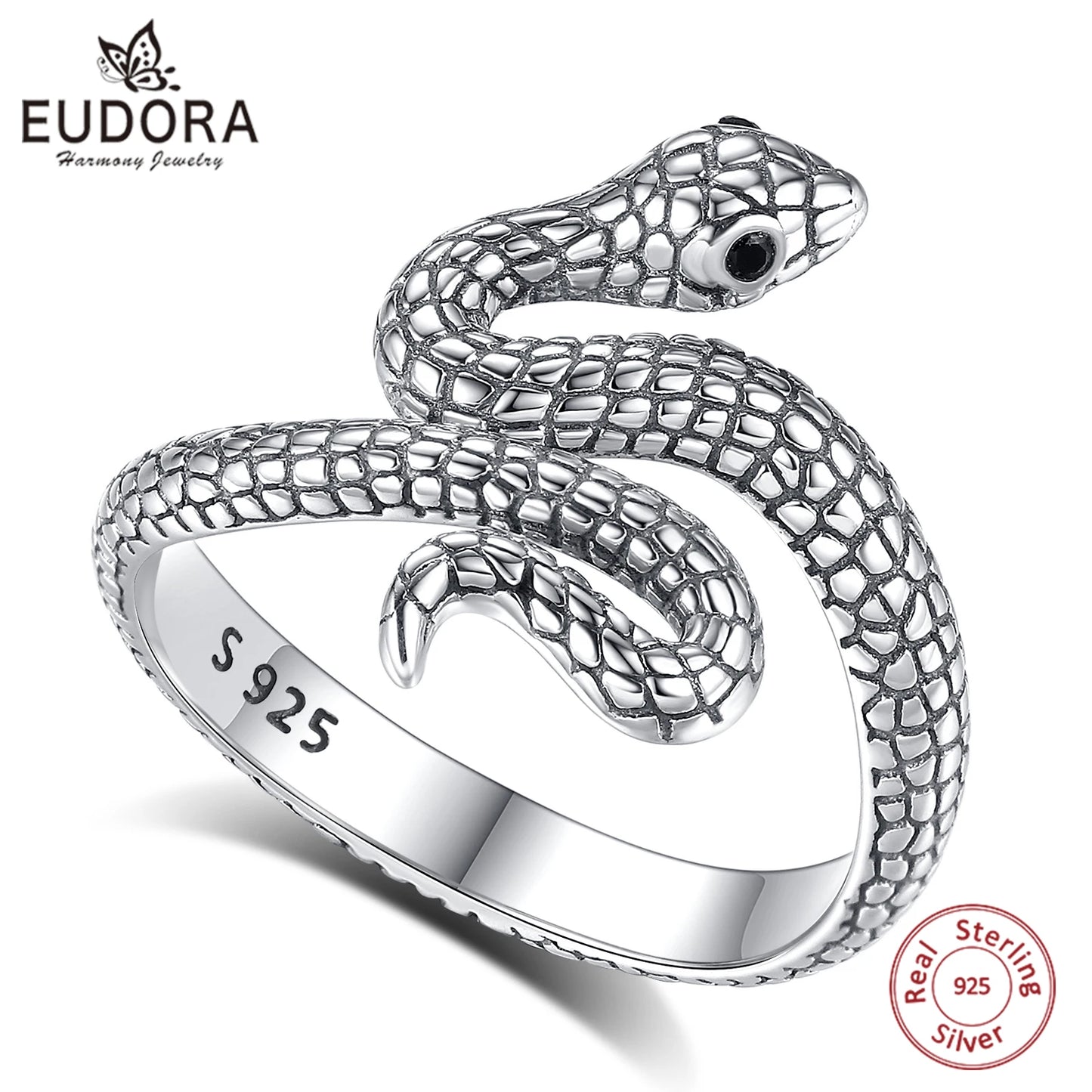 Snake Adjustable Ring Black Zircon Retro Textures Cobra Ring
