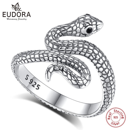 Snake Adjustable Ring Black Zircon Retro Textures Cobra Ring