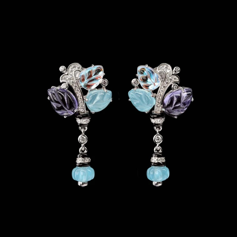 S925 Vintage Style Purple Blue Gradient Floral Dangle Earrings