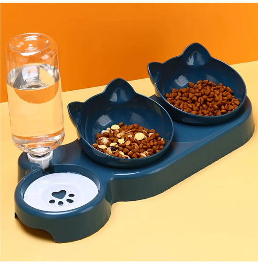 Pet Bowls With Water Feeder, 3 In 1 Ear Design Tilted Cat Water And Food Bowl Set With Gravity Water Bottle For Neck Protection