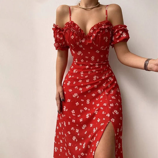 New Summer Elegant Casual Floral Print Off Shoulder Split Dress