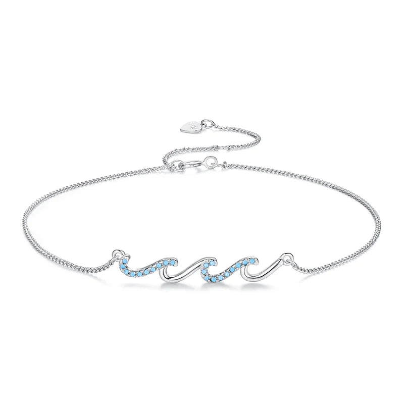 925 Sterling Silver Ocean Blue Wave Charm Anklet
