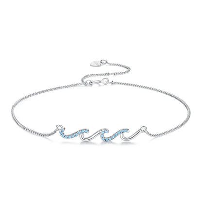 925 Sterling Silver Ocean Blue Wave Charm Anklet