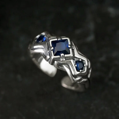 925 Sterling Silver Vintage Square Blue Ring