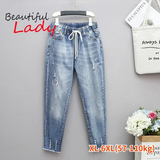 Woman Elastic High Waist Blue Baggy Jeans