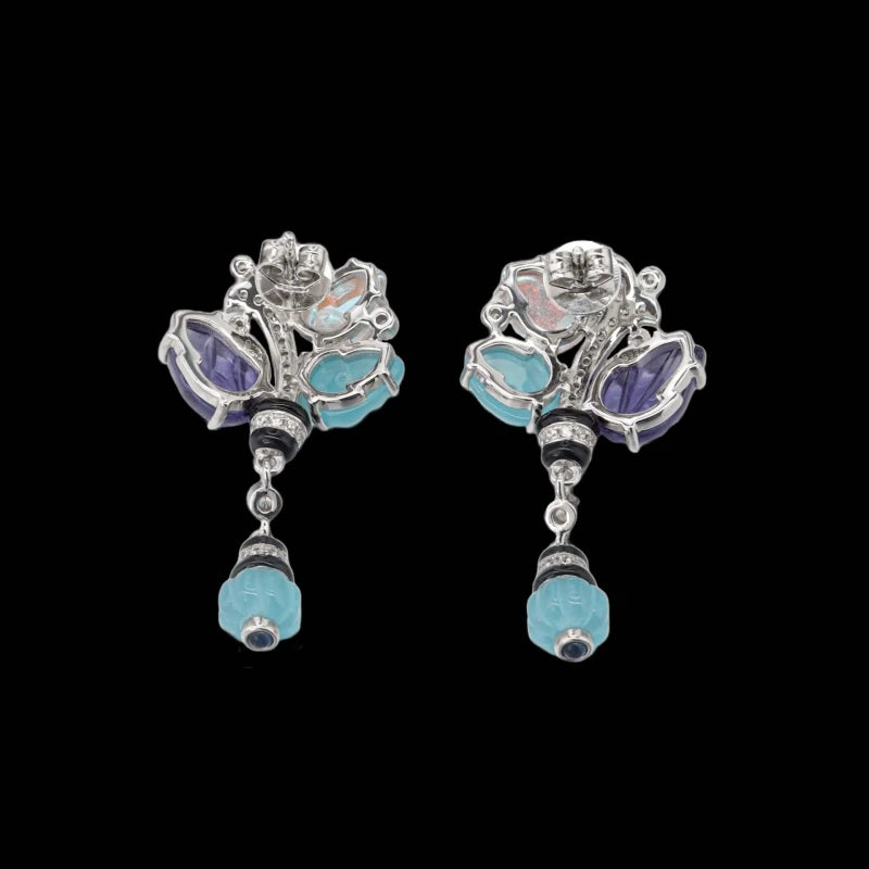S925 Vintage Style Purple Blue Gradient Floral Dangle Earrings