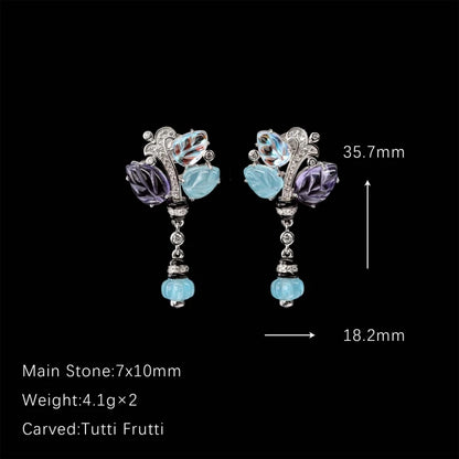 S925 Vintage Style Purple Blue Gradient Floral Dangle Earrings