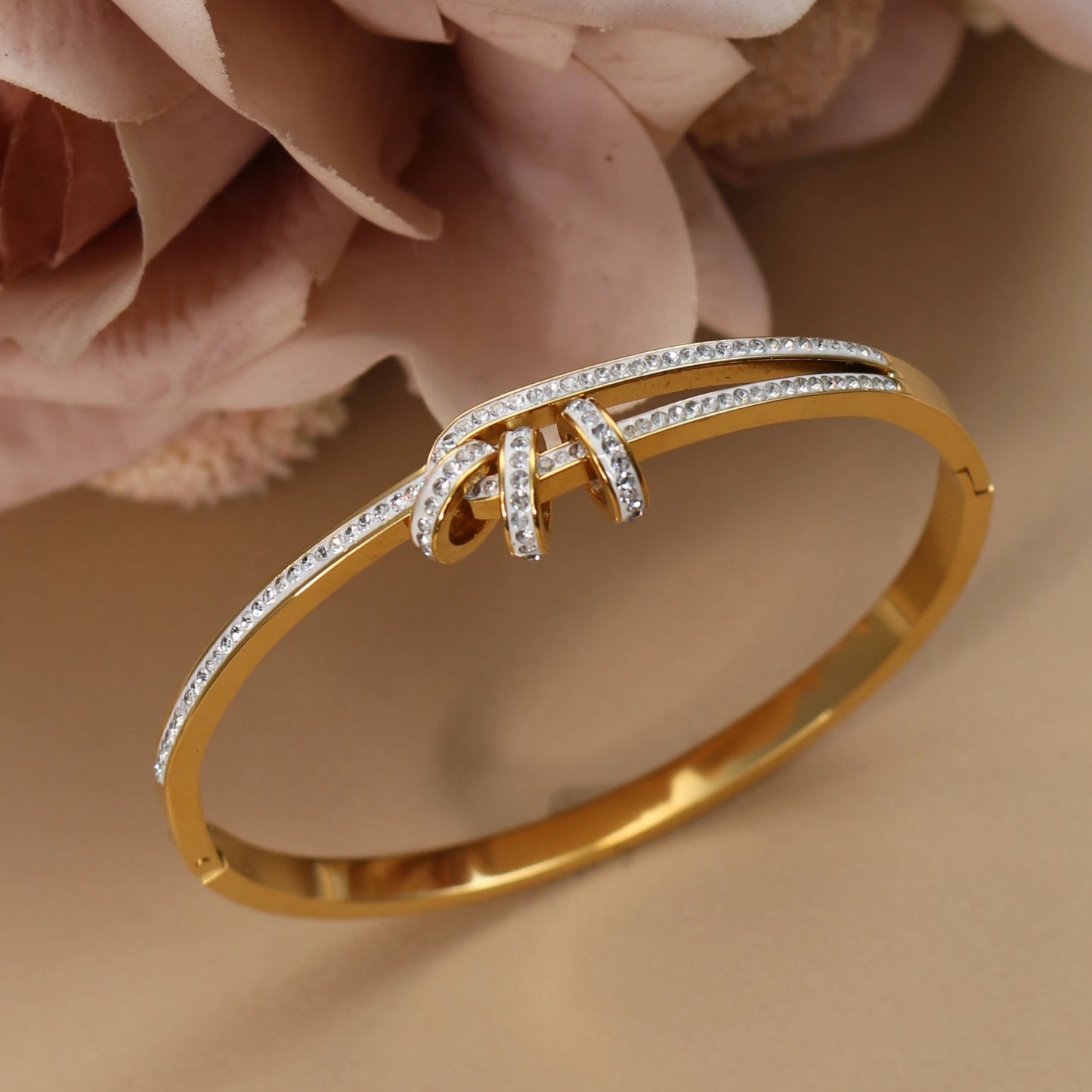 Crystal Cutout Knot Stainless Steel Gold Colour Charm Bracelet