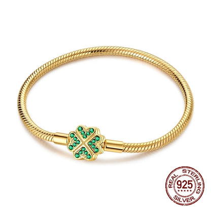 925 Sterling Silver Golden Four-Leaf Clover Snake Chain Bracelet