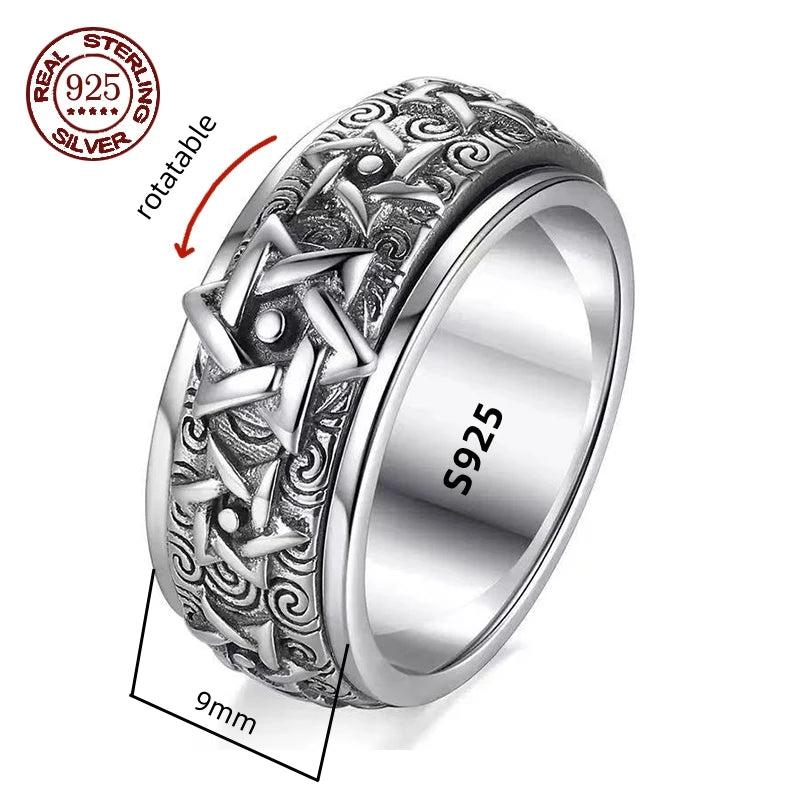 Rotatable S925 Sterling Silver Vintage Retro Stars Auspicious Cloud Couple Ring
