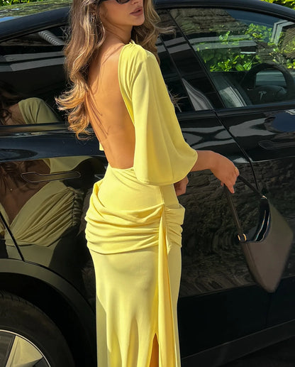 Elegant Yellow Backless Long Dress