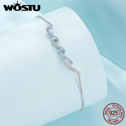925 Sterling Silver Ocean Blue Wave Charm Anklet