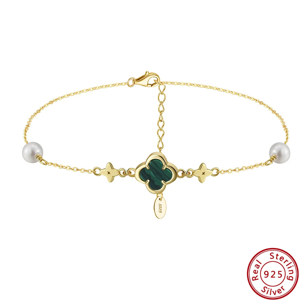 S925 Lucky Clover Anklet with Malachite Shell