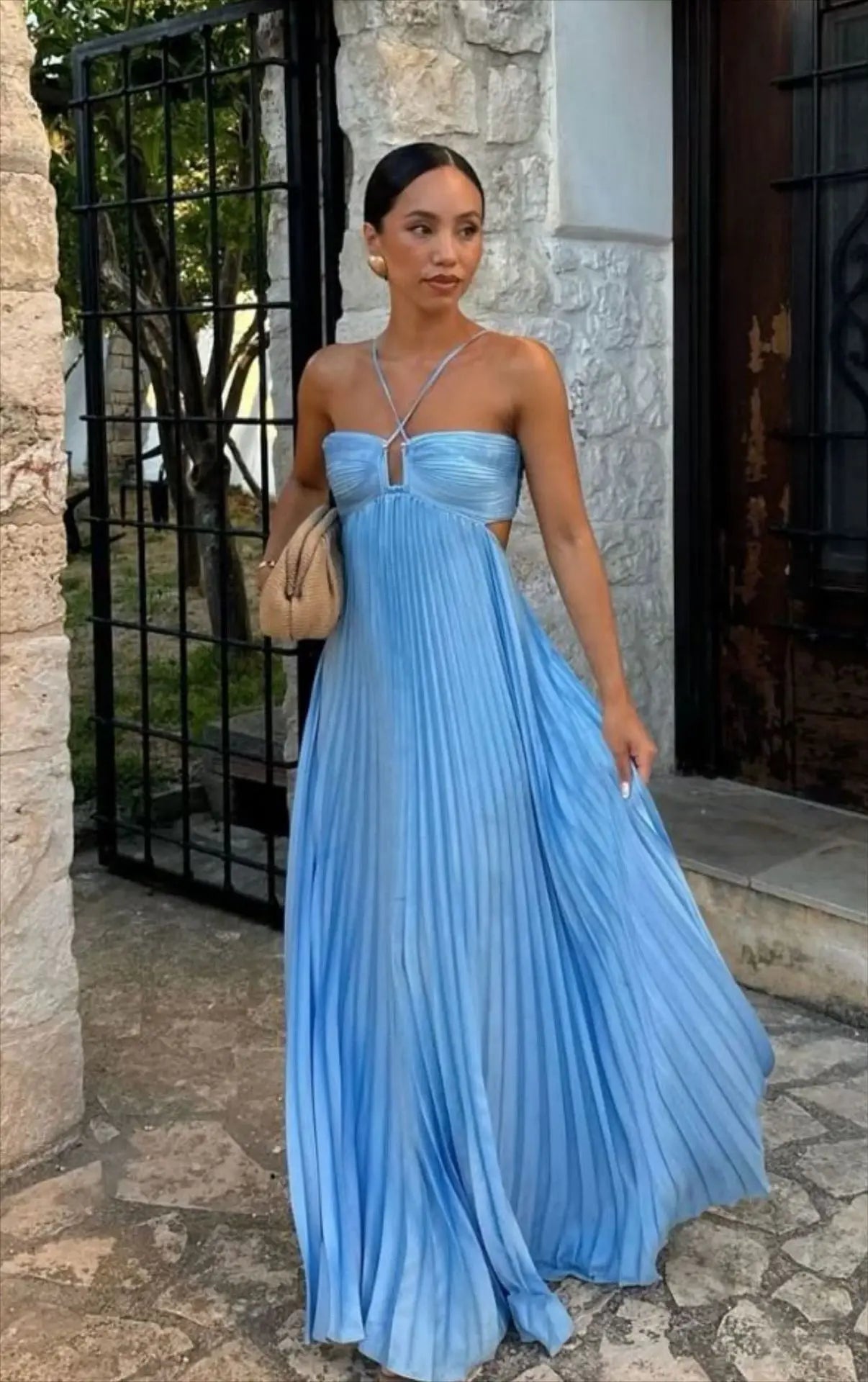 Women's Blue Pleated Halter Long Dress