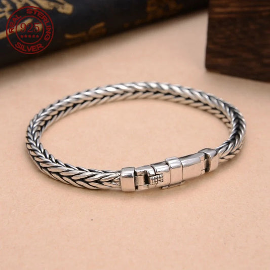 925 Sterling Silver Handmade Woven Retro Domineering Style Bracelet Jewellery