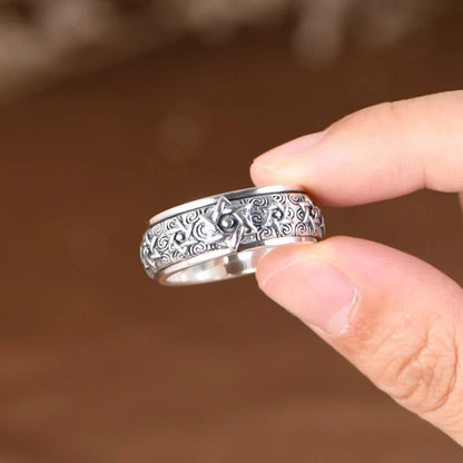 Rotatable S925 Sterling Silver Vintage Retro Stars Auspicious Cloud Couple Ring