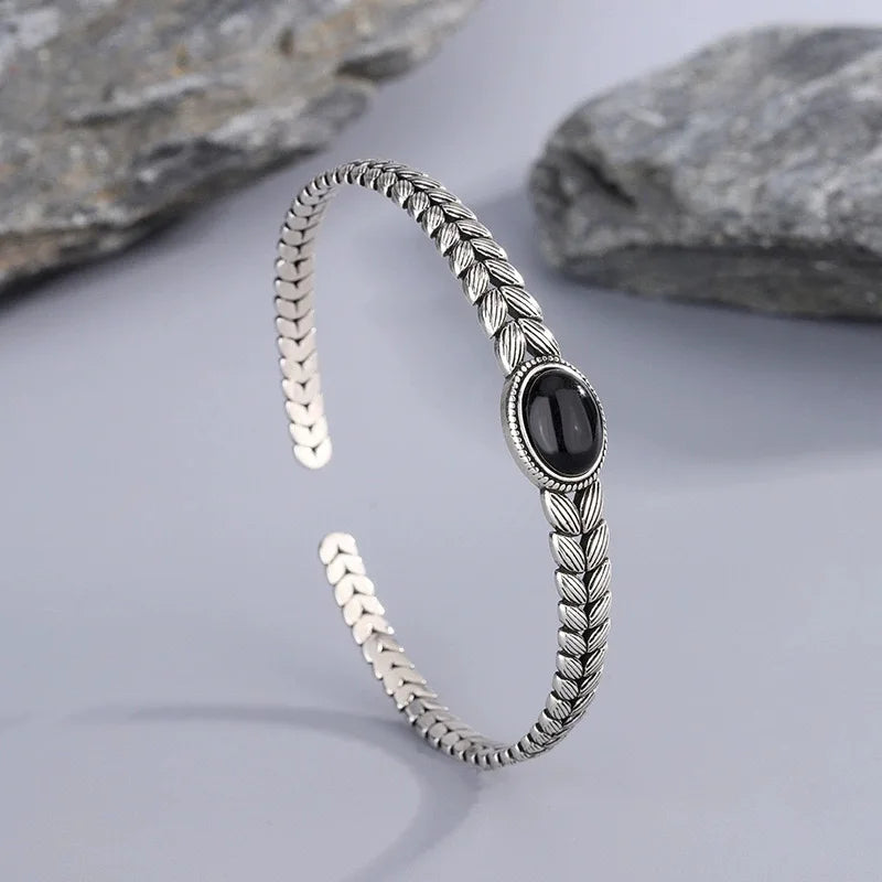 925 Sterling Silver Vintage Bracelets with Black Stone
