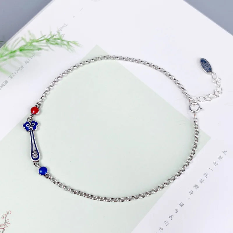 S925 Ethnic Simple Enamel Colourful Ruyi Shape Anklet