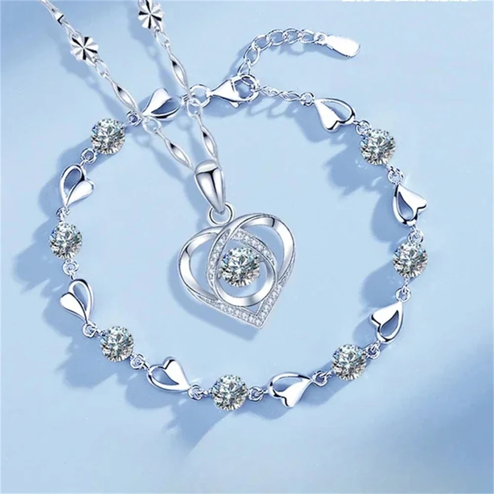 925 Sterling Silver Heart Necklace & Bracelet Set