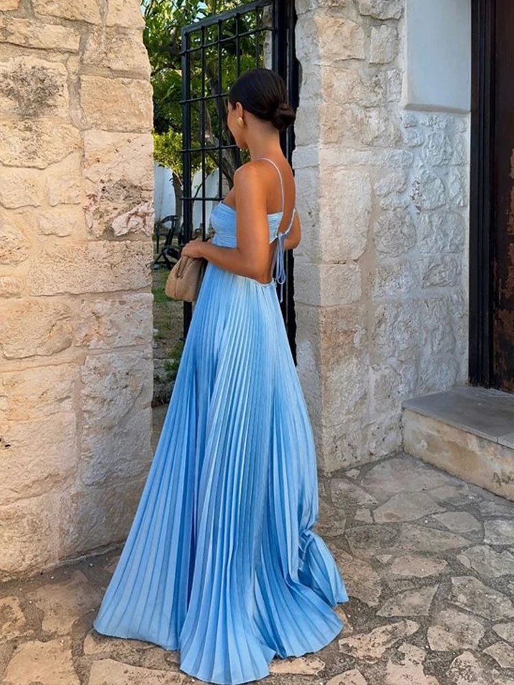 Women's Blue Pleated Halter Long Dress