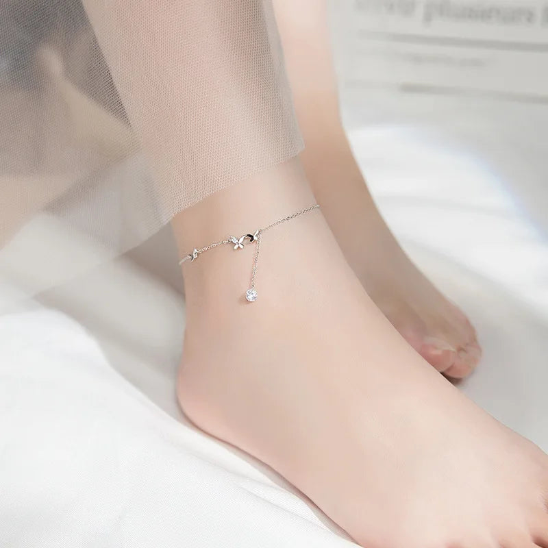 925 Sterling Silver Butterfly Flower Anklet