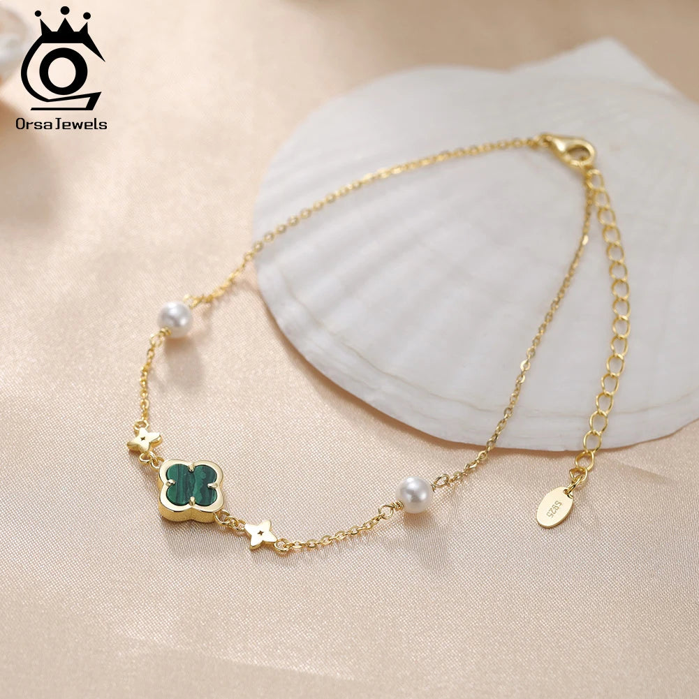 S925 Lucky Clover Anklet with Malachite Shell