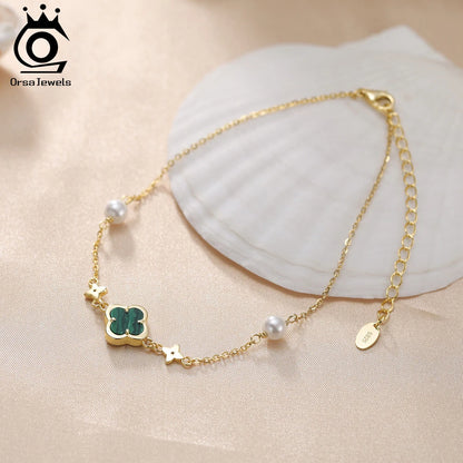 S925 Lucky Clover Anklet with Malachite Shell