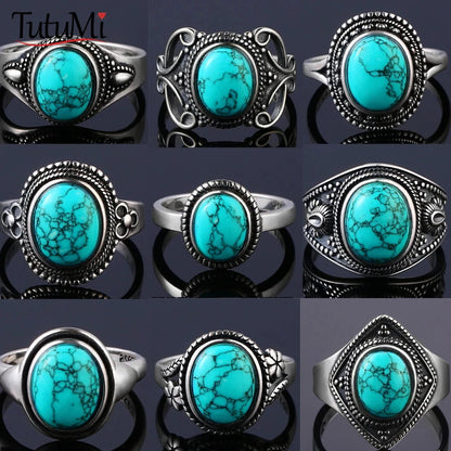 S925 Sterling Silver With Natural Turquoise Stone Rings