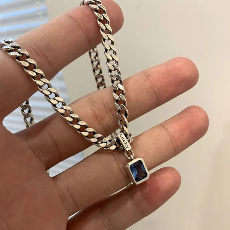 925 Silver Square Zircon Pendants Necklace