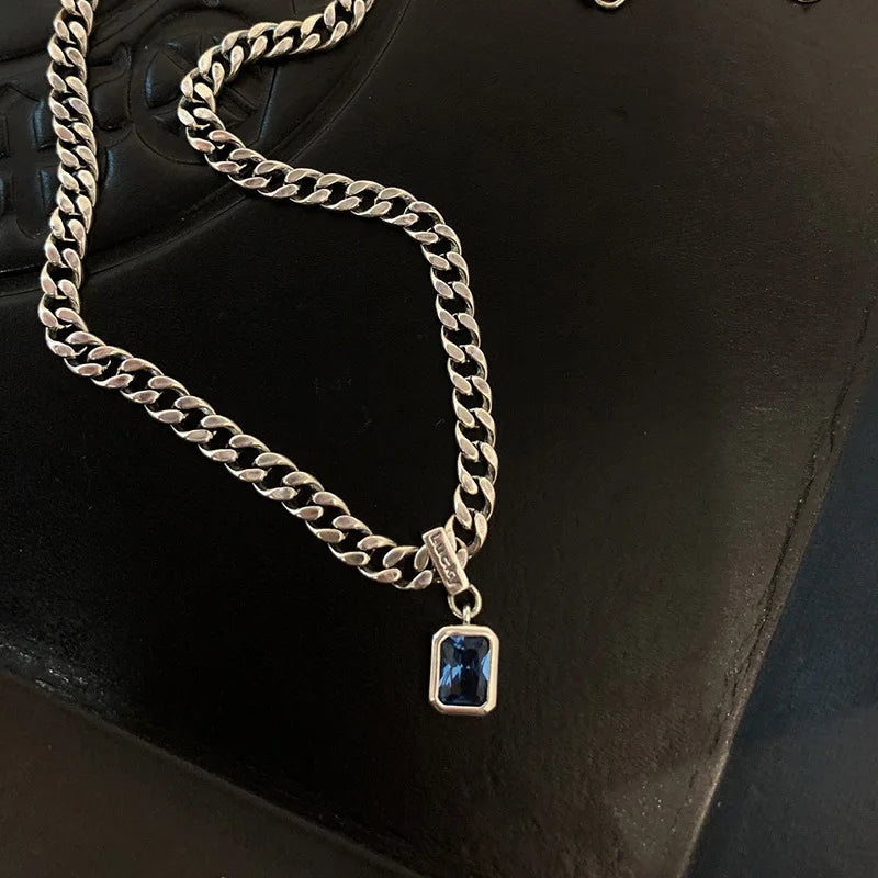 925 Silver Square Zircon Pendants Necklace