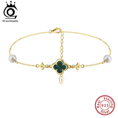 S925 Lucky Clover Anklet with Malachite Shell
