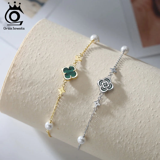 S925 Lucky Clover Anklet with Malachite Shell