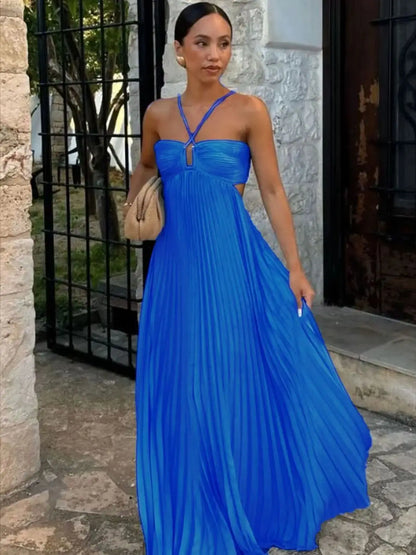 Women's Blue Pleated Halter Long Dress